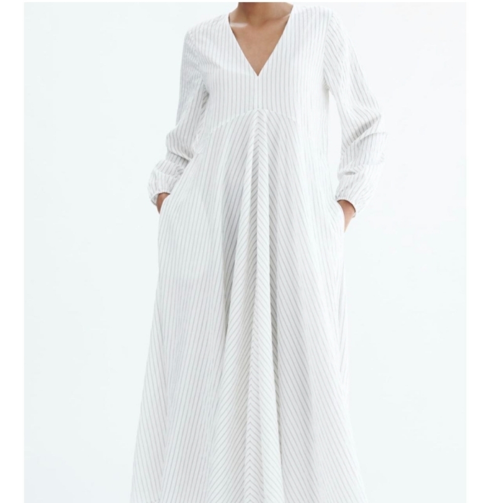 NWT ZARA The Catalina  Charcoal Gray Striped Long Sleeve Midi Maxi Dress S Small - Picture 2 of 9